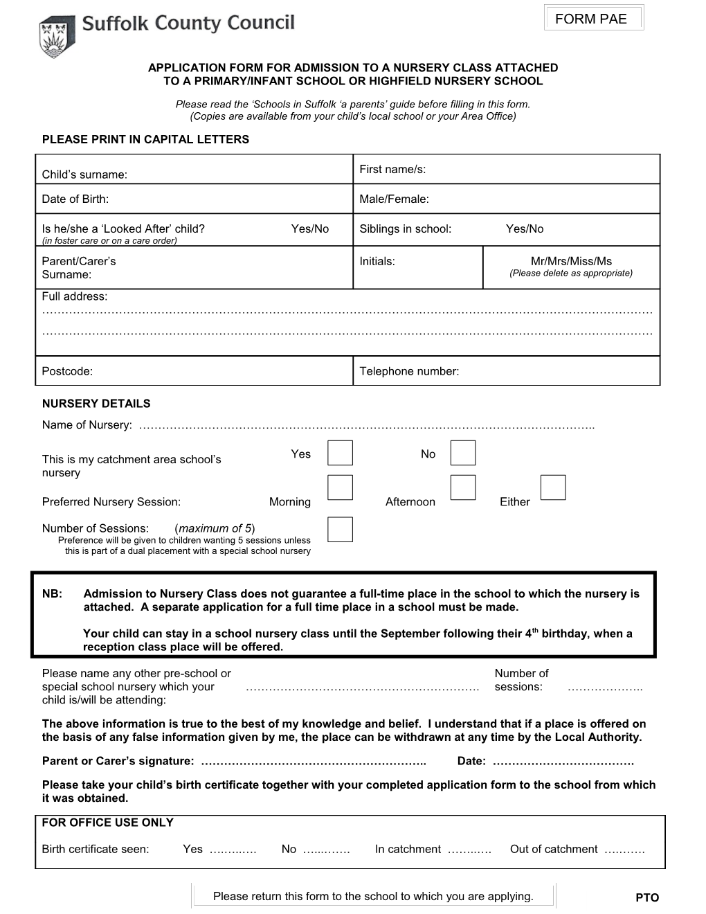Application Form for Admission to a Nursery Class Attached