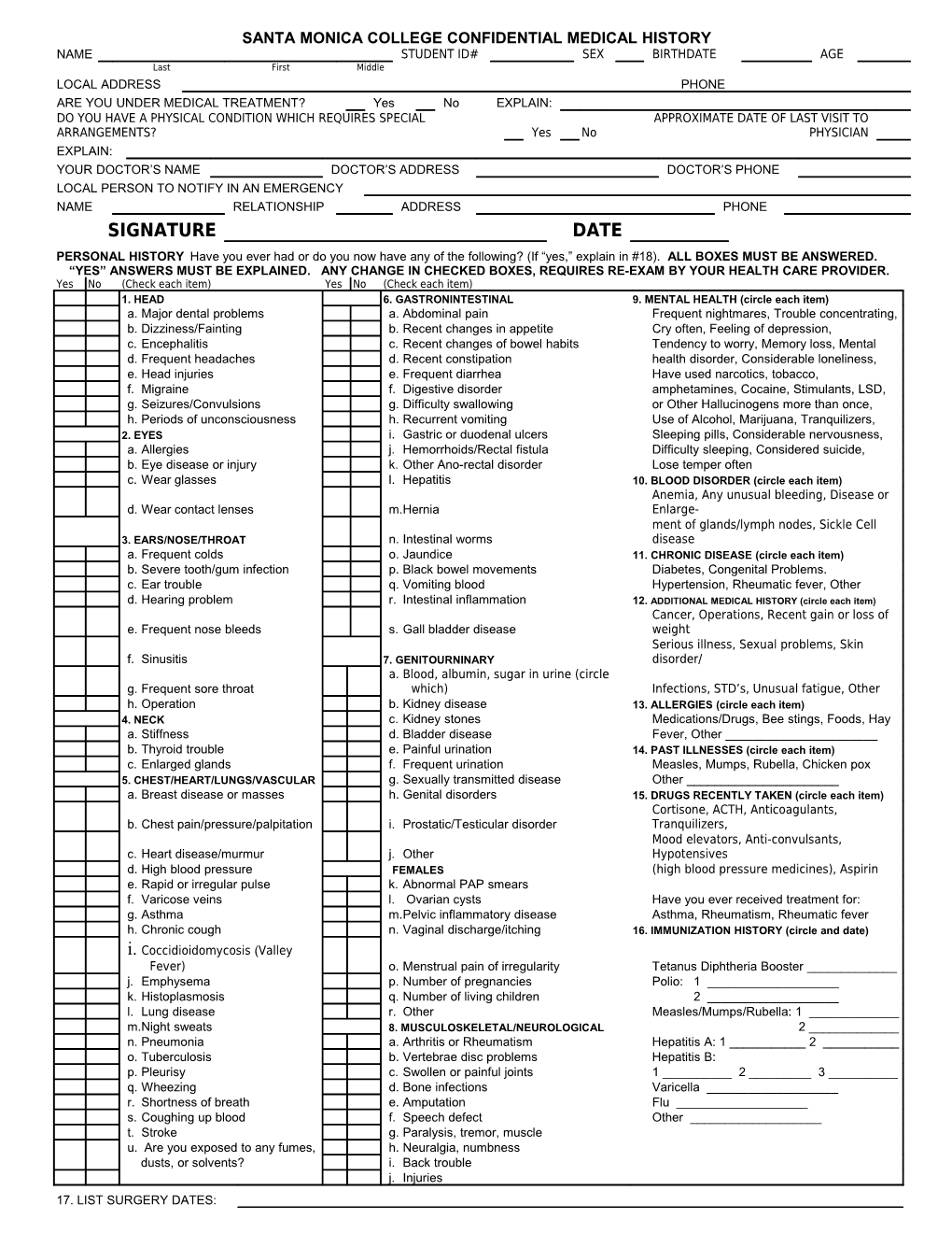 Santa Monicacollege Confidential Medical History