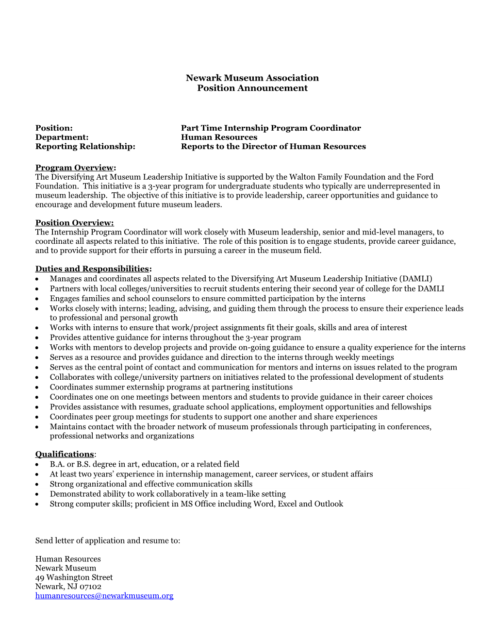 Position:Part Time Internship Program Coordinator