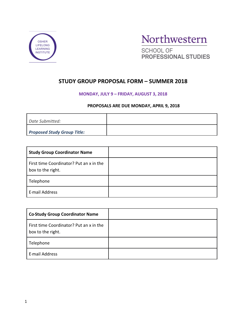 Study Group Proposal Form Summer 2018