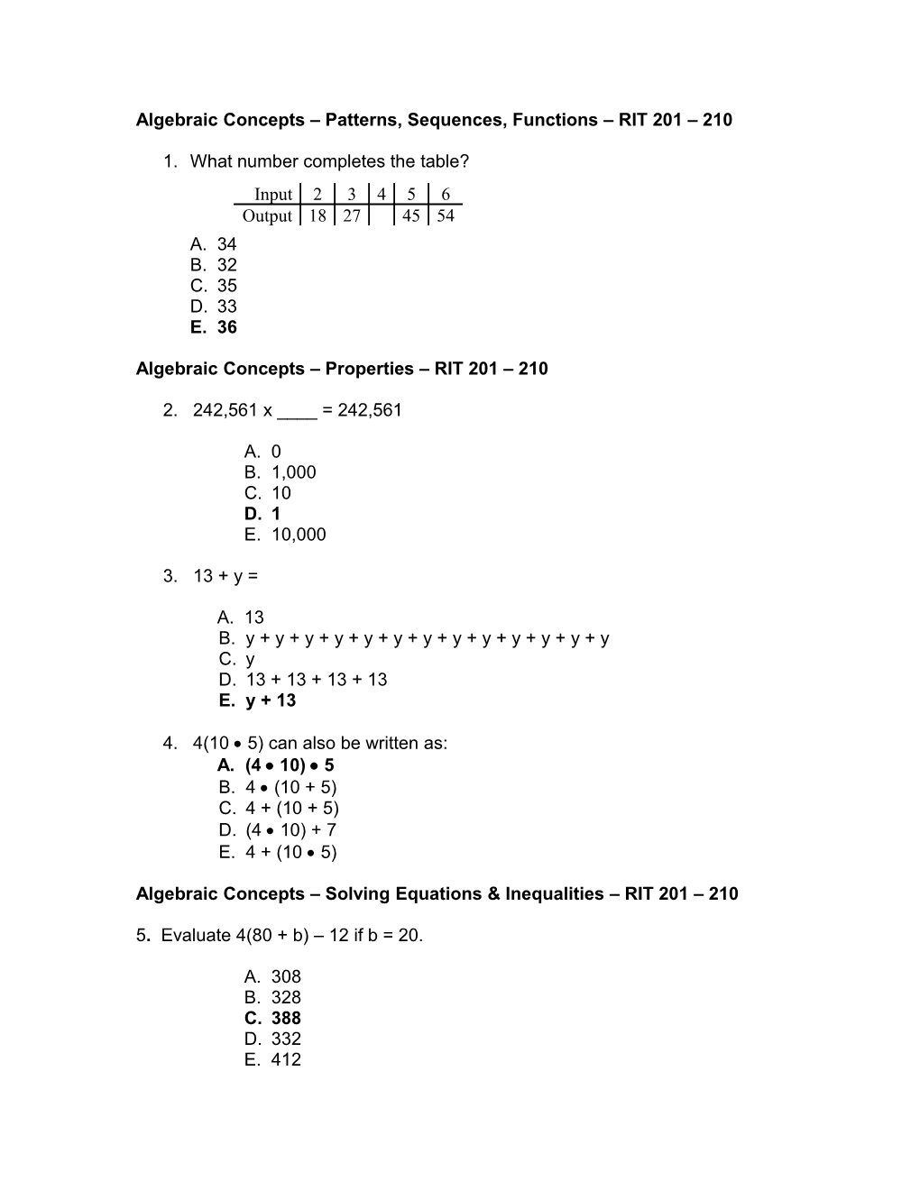 Algebraic Concepts Patterns, Sequences, Functions RIT 201 210