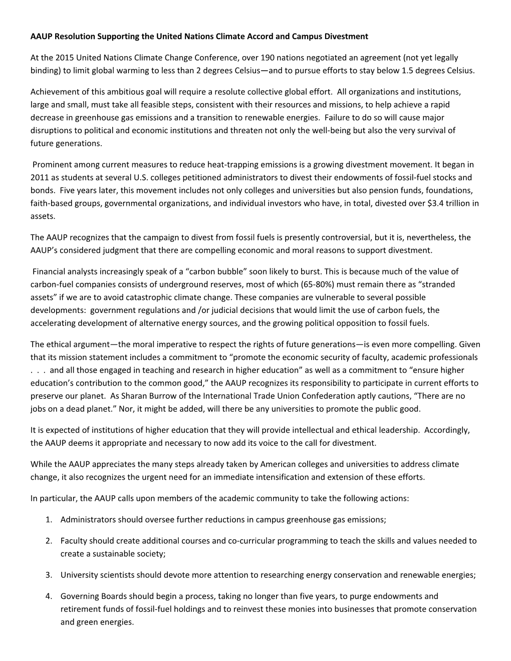 AAUP Resolution Supporting the United Nations Climate Accord and Campus Divestment