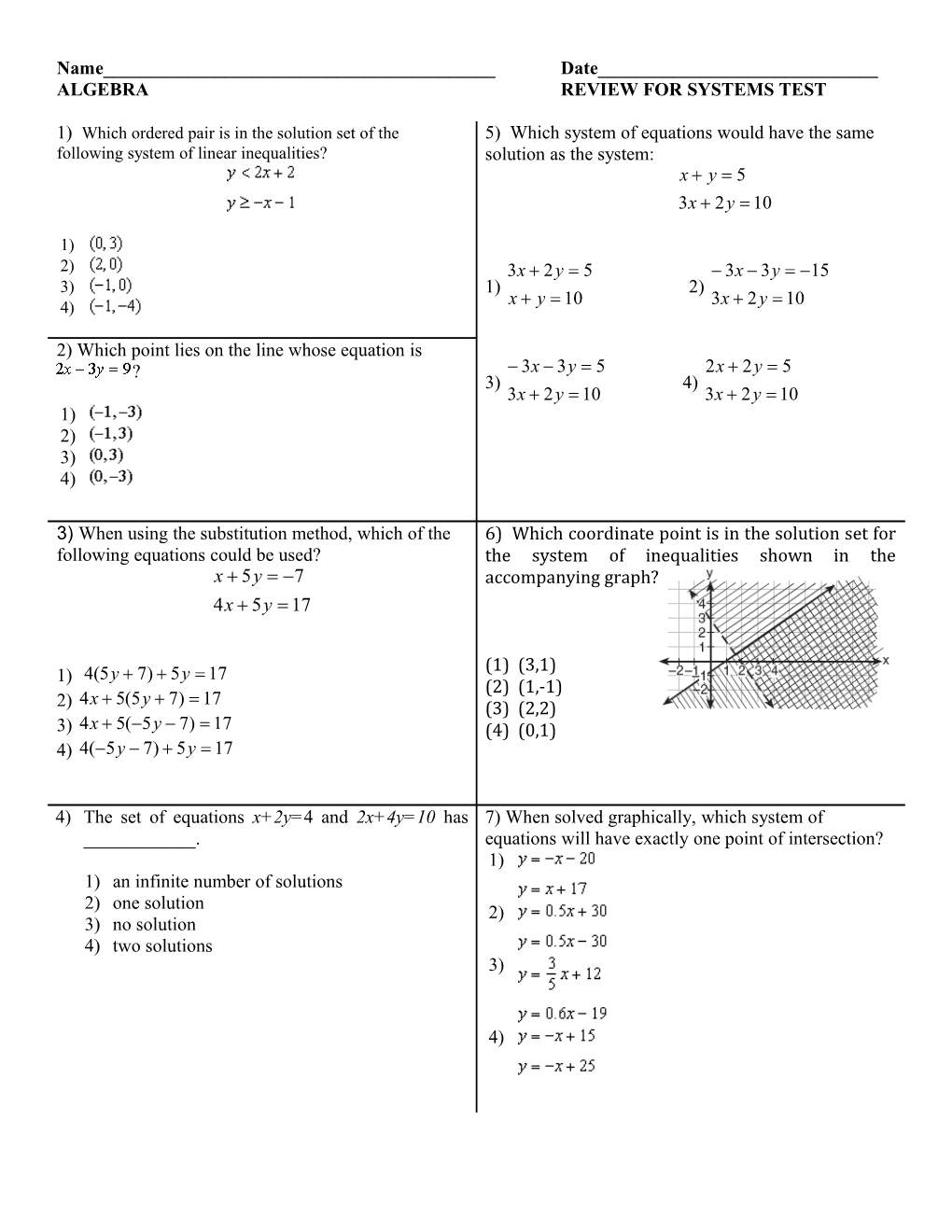 Algebrareview for Systems Test