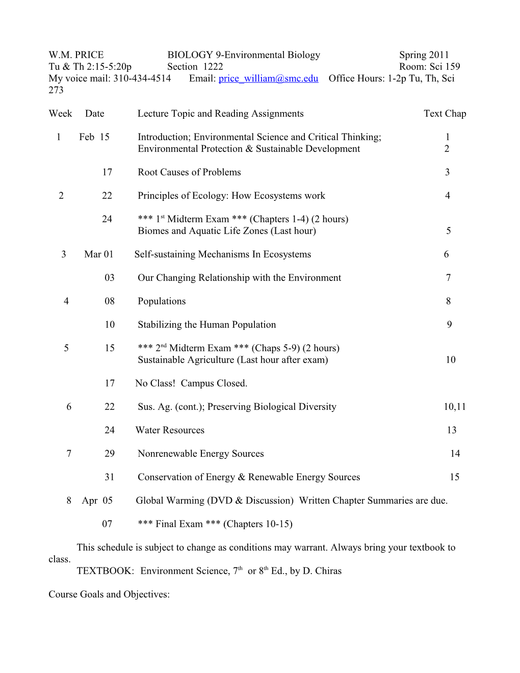 W.M. PRICE BIOLOGY 9-Environmental Biology Spring 2011