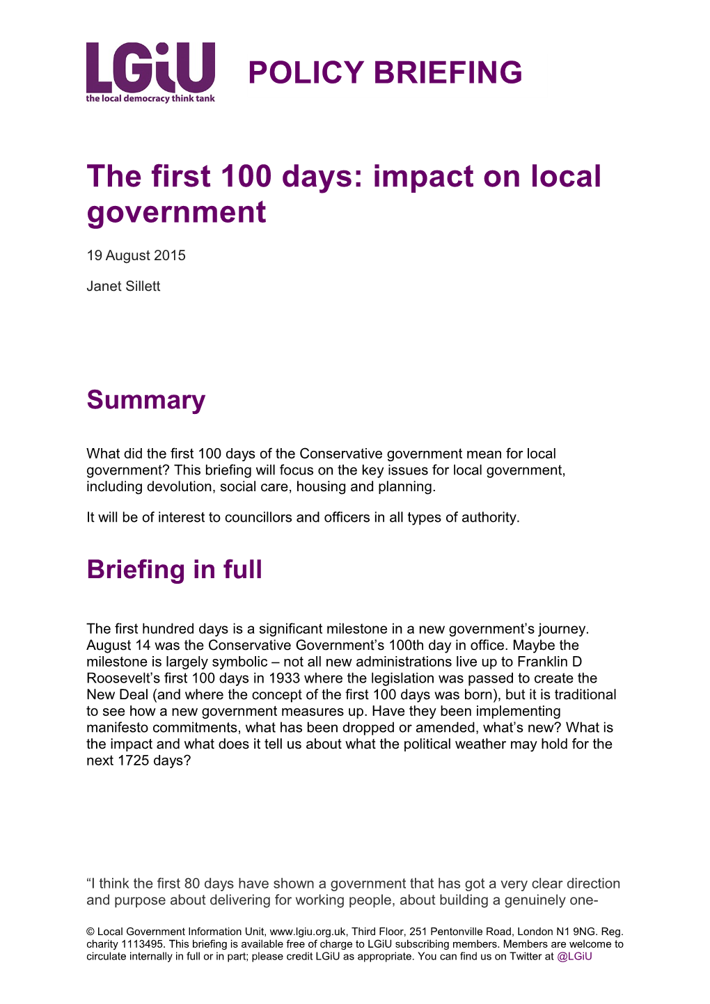The First 100 Days: Impact on Local Government
