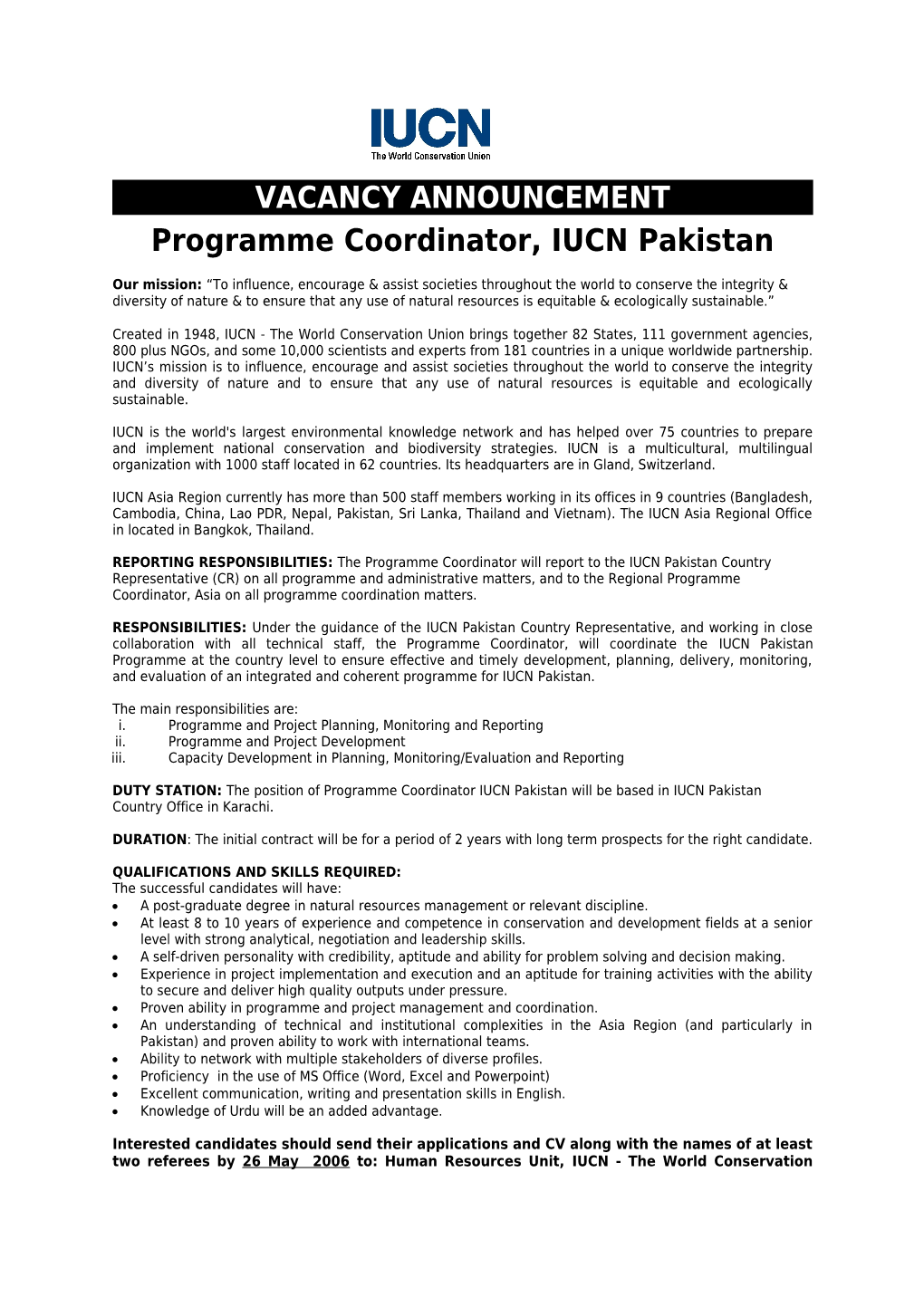 Programme Coordinator, IUCN Pakistan