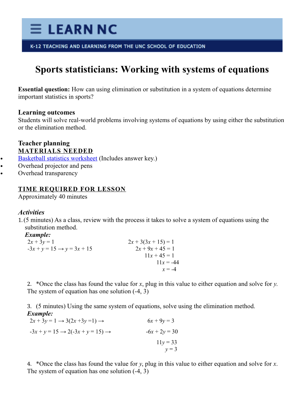 Sports Statisticians: Working with Systems of Equations