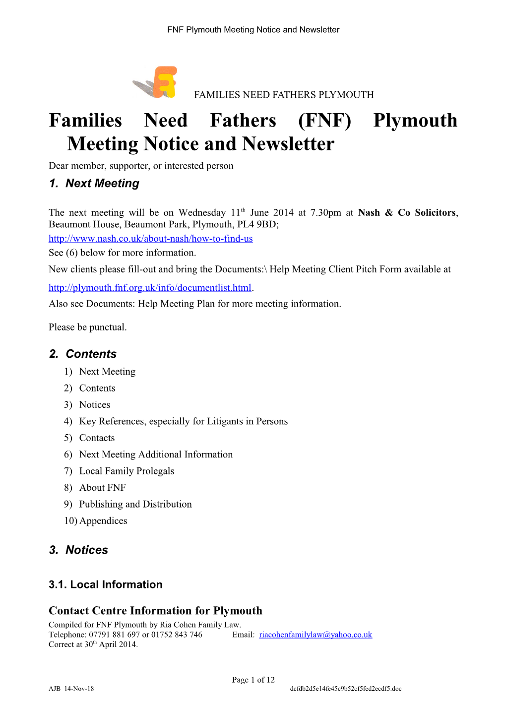 FNF Plymouth Meeting Notice and Newsletter