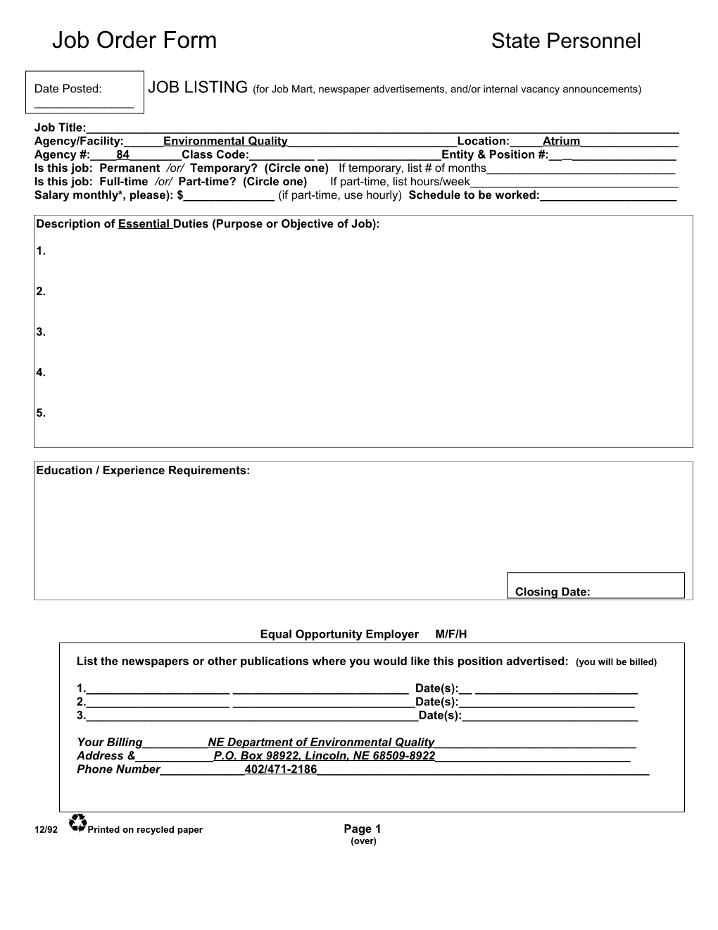 Job Order Form State Personnel