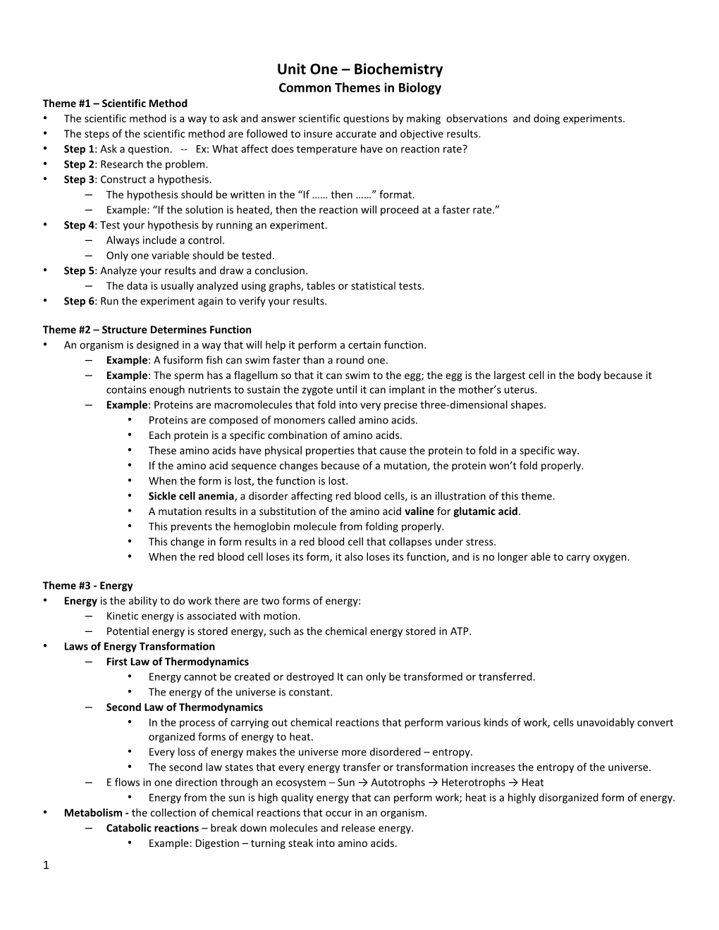 Unit One Biochemistry