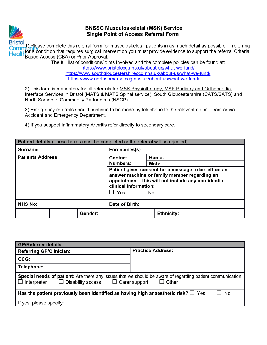 Single Point of Access Referral Form