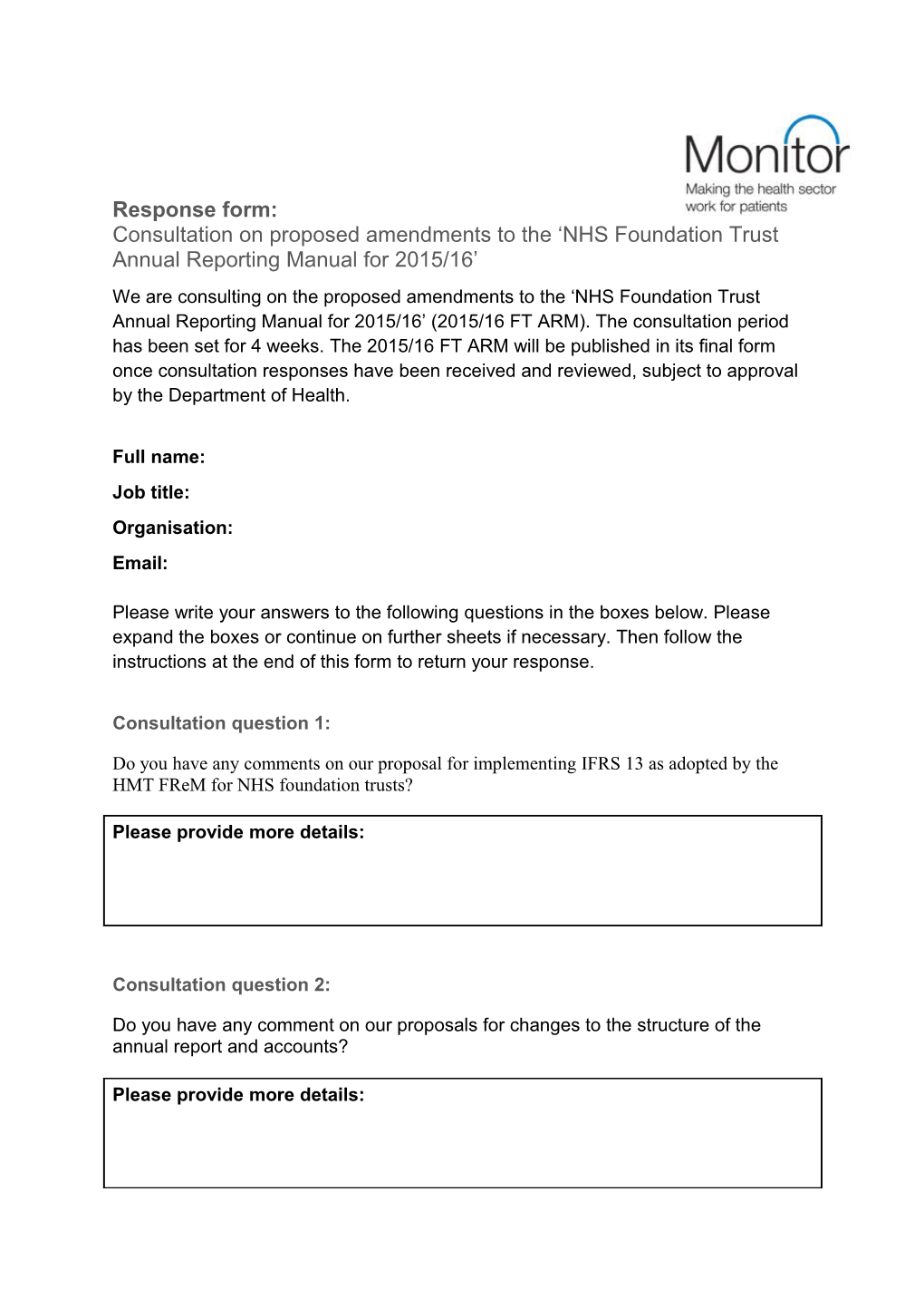 Consultation on Proposed Amendments to the NHS Foundation Trust Annual Reporting Manual