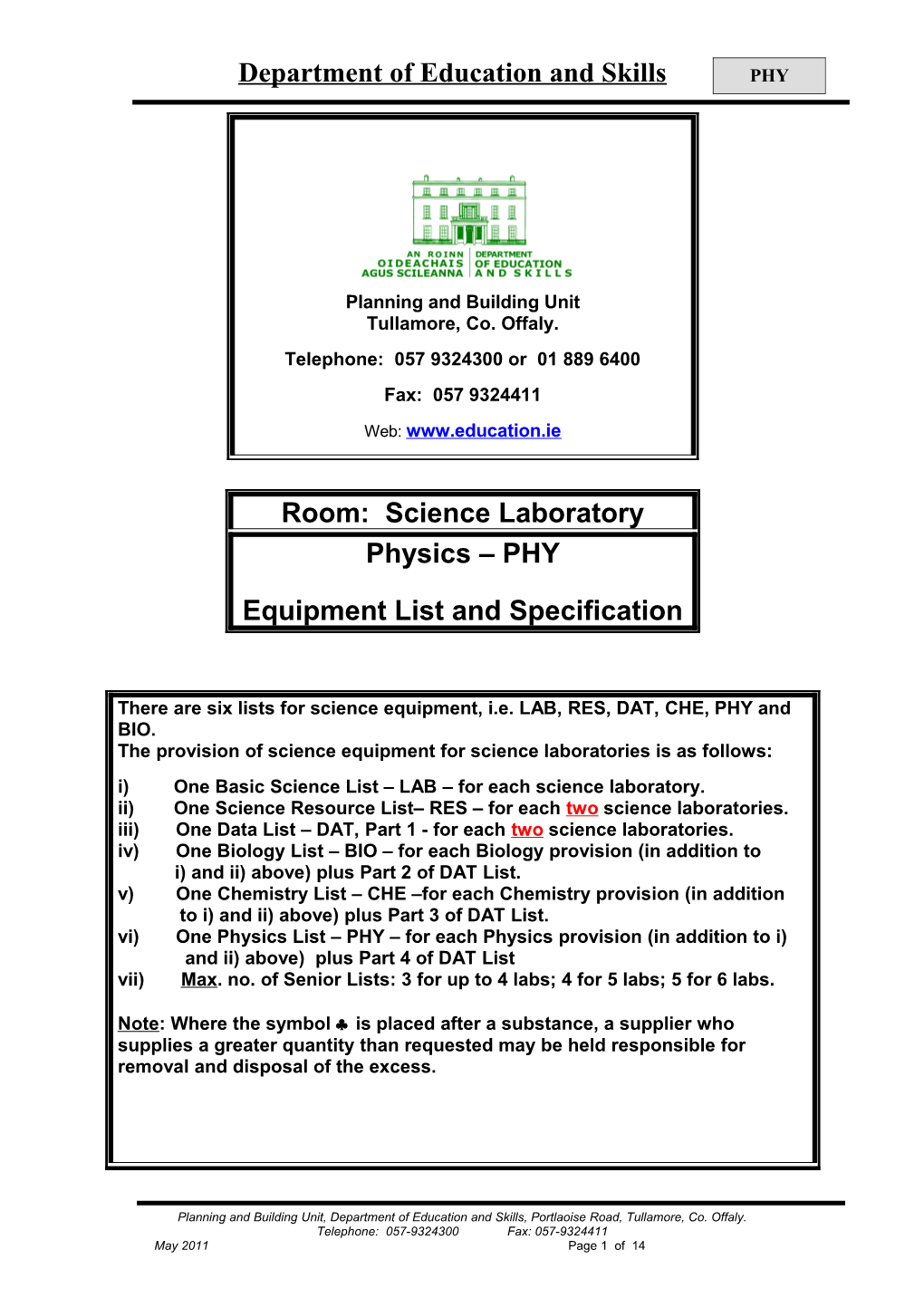 Room: Science Laboratory - Physics - PHY - Equipment List and Specification (Format Word 315KB)