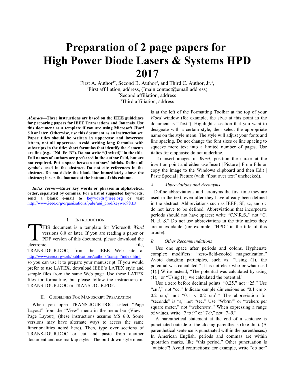 Preparation of 2 Page Papers for High Power Diode Lasers & Systems HPD 2017