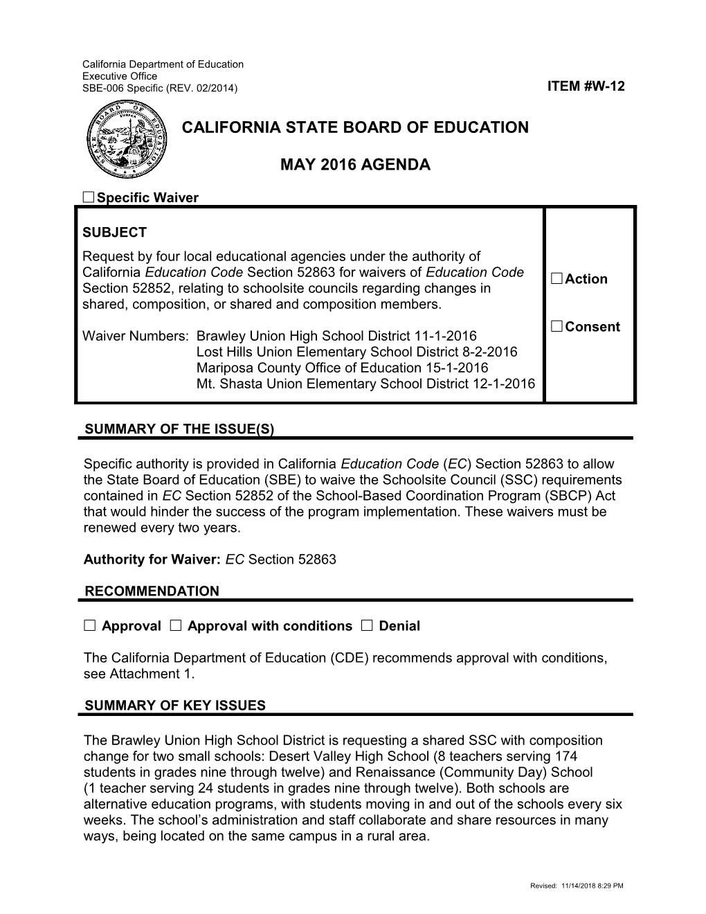 May 2016 Waiver Item W-12 - Meeting Agendas (CA State Board of Education)