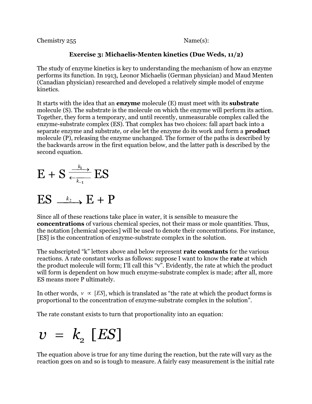 Exercise 3: Michaelis-Menten Kinetics (Due Weds, 11/2)