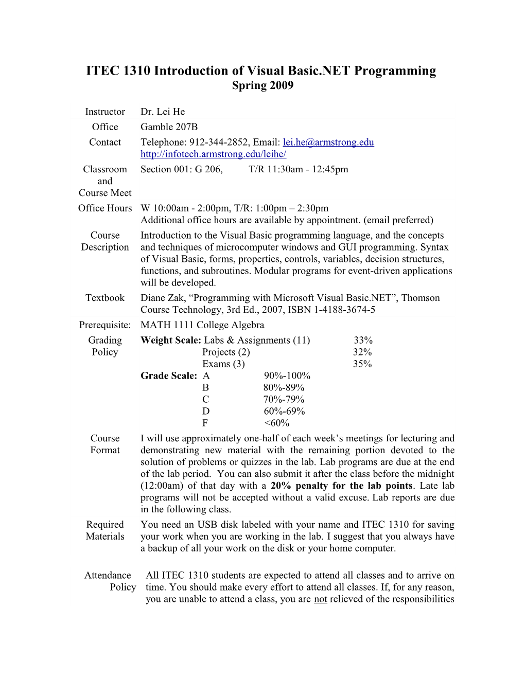 ITEC 1310 Introduction of Visual Basic.NET Programming