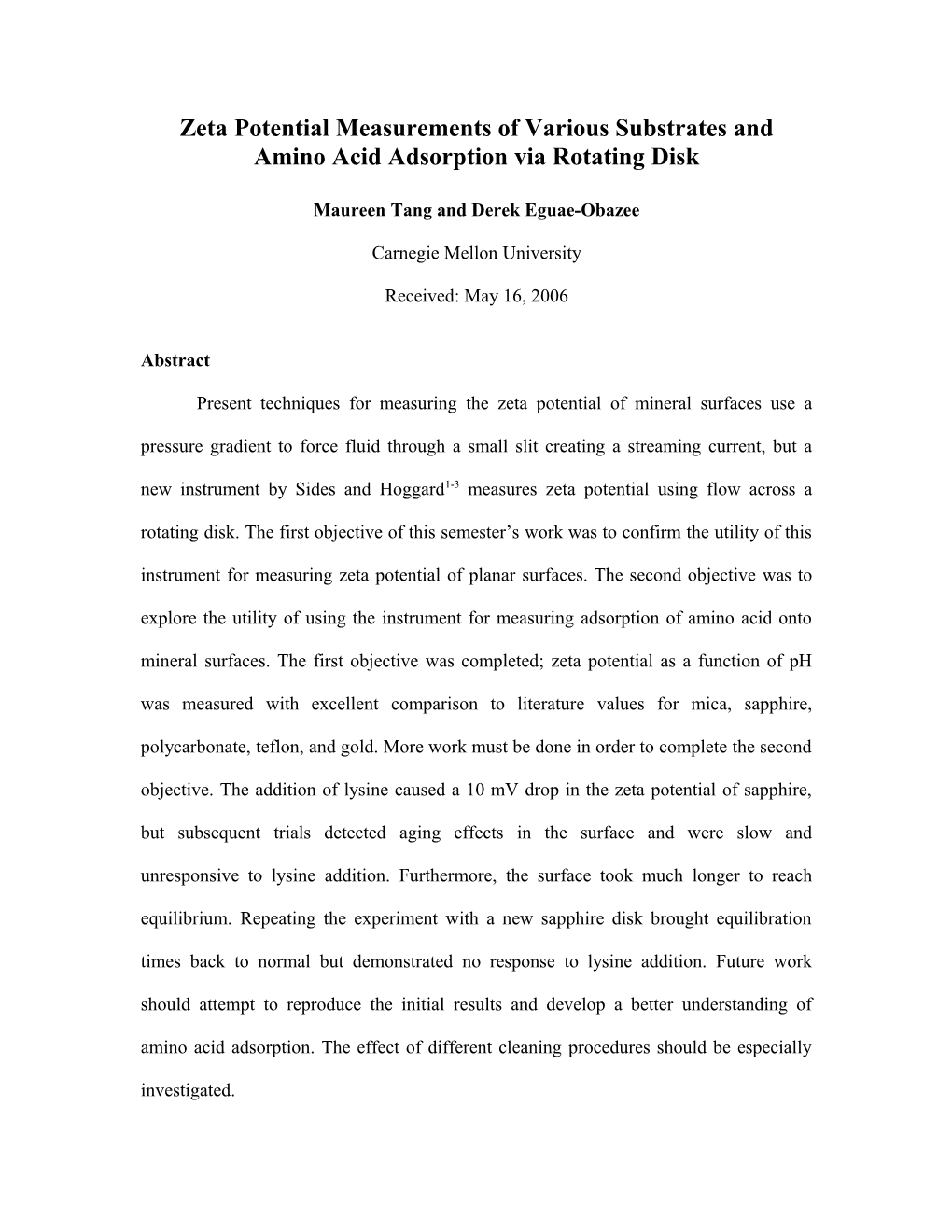 Zeta Potential Measurements of Various Substrates and Amino Acid Adsorption Via Rotating Disk