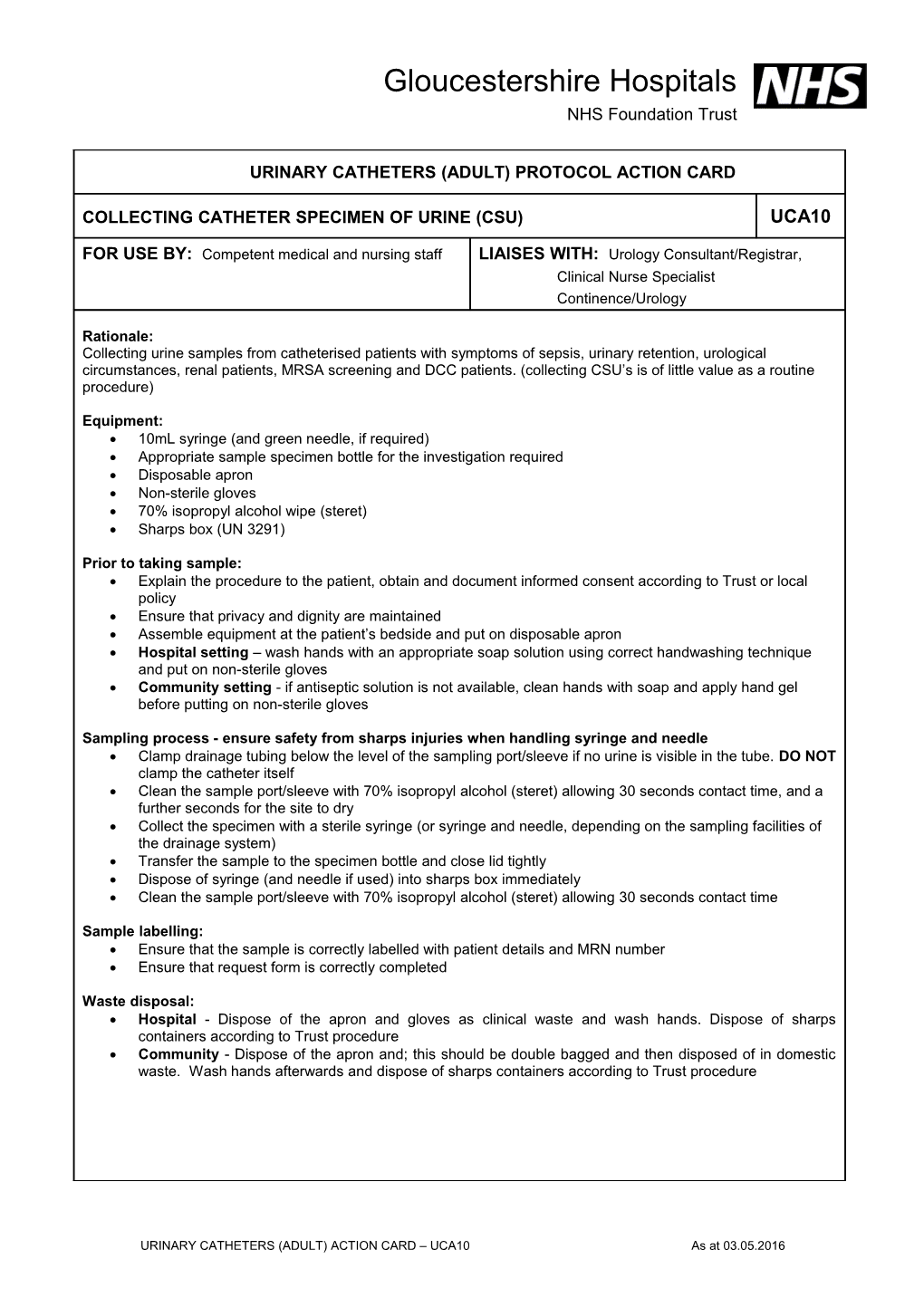 Urinary Catheters (Adult) Protocol Action Card