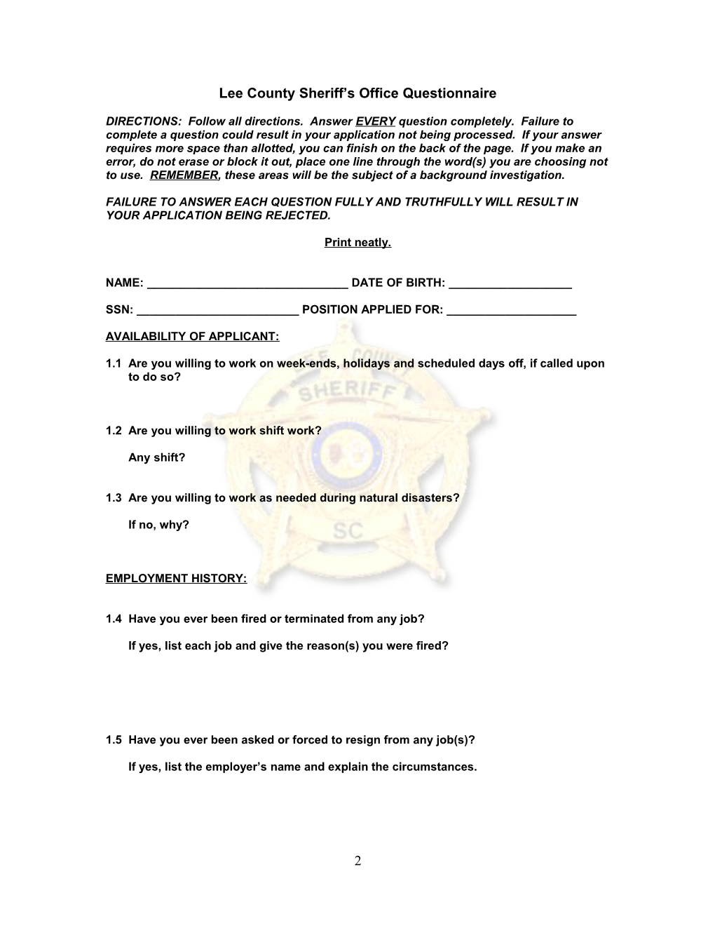 Lee County Sheriff S Office Questionnaire