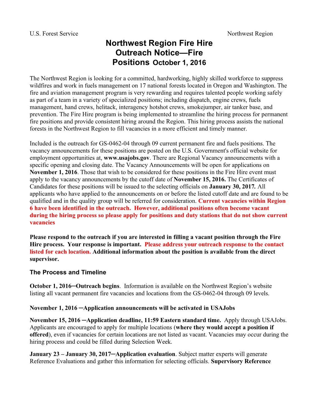 Northwest Regionfirehireoutreachnotice Firepositionsoctober 1, 2016