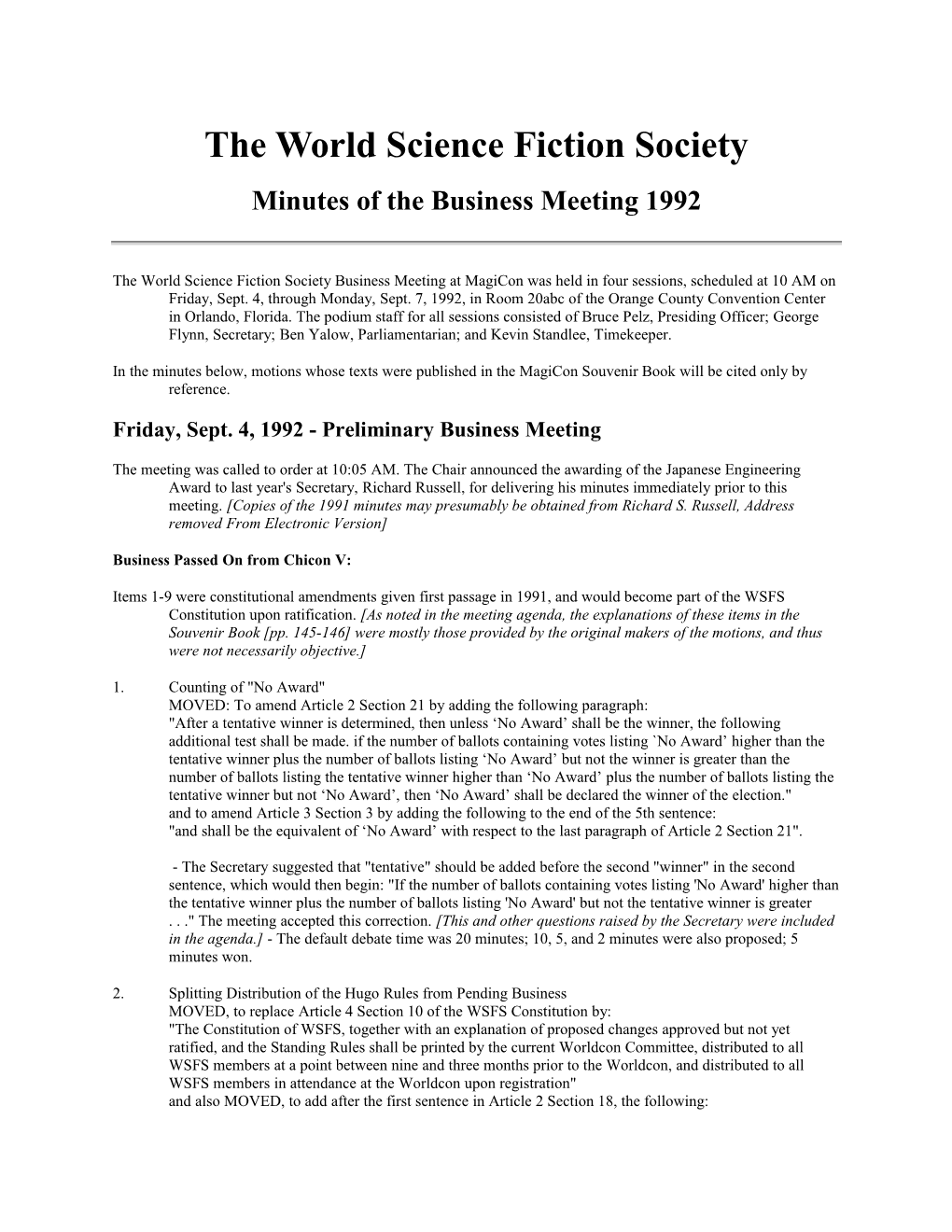 The World Science Fiction Society - 1992 Minutes