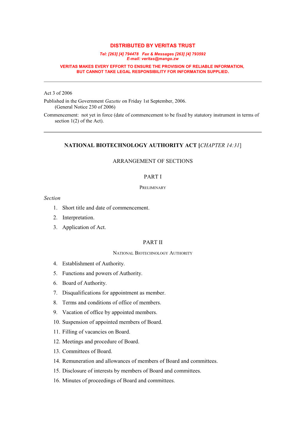 National Biotechnology Authorityact Chapter 14:31 - Act No. 3 of 2006Ority Bill, 2004