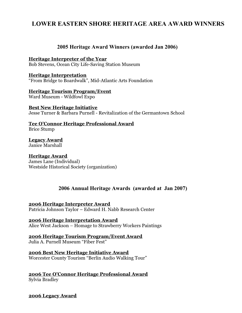 2005 Heritage Award Winners
