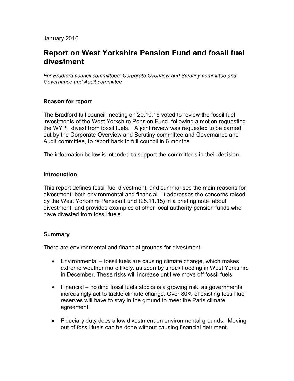 Report on West Yorkshire Pension Fund and Fossil Fuel Divestment
