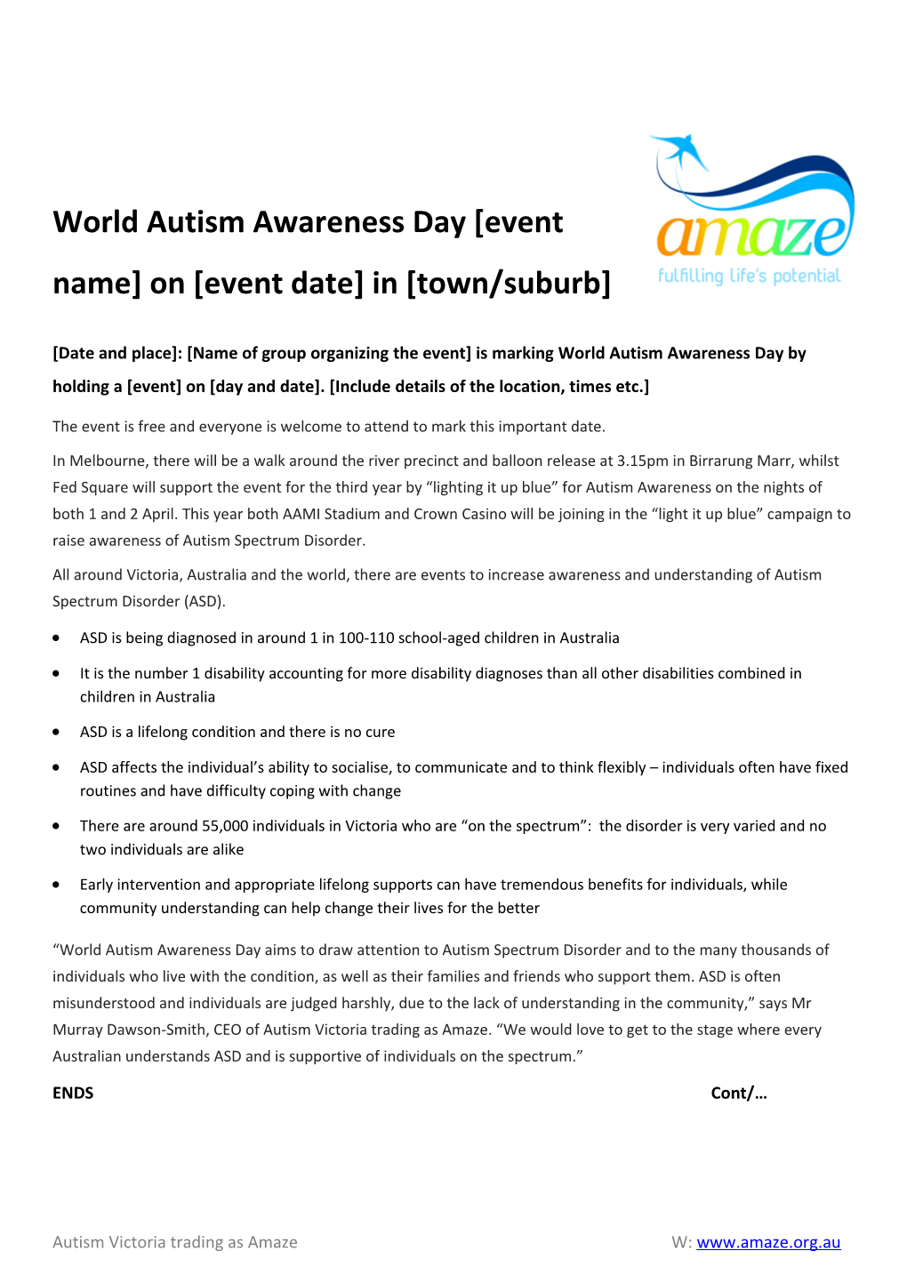 World Autism Awareness Day Event Name on Event Date in Town/Suburb