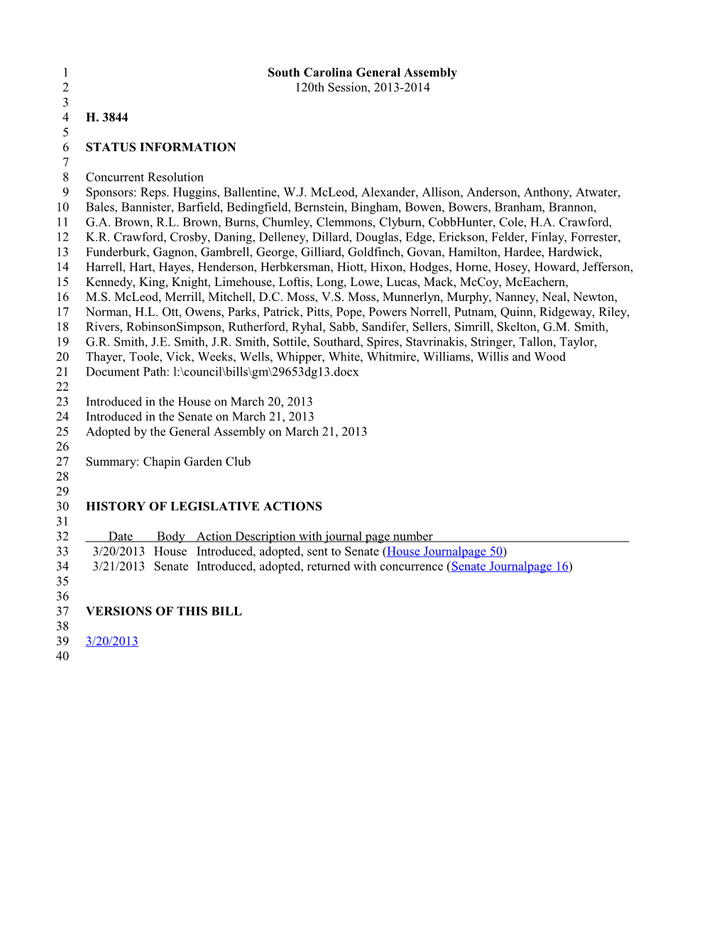 2013-2014 Bill 3844: Chapin Garden Club - South Carolina Legislature Online