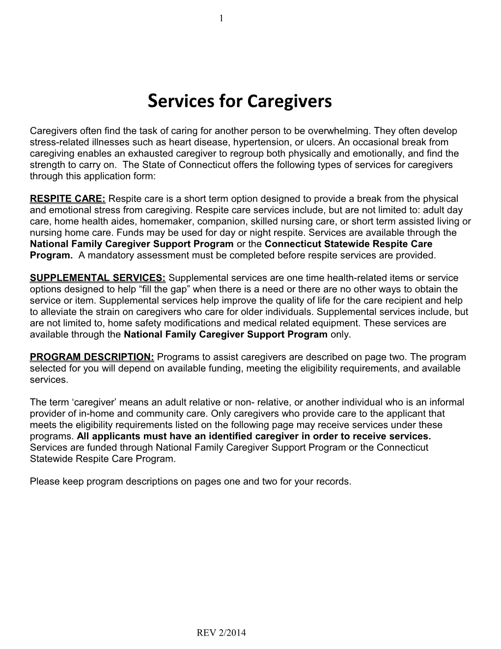 Services for Caregivers