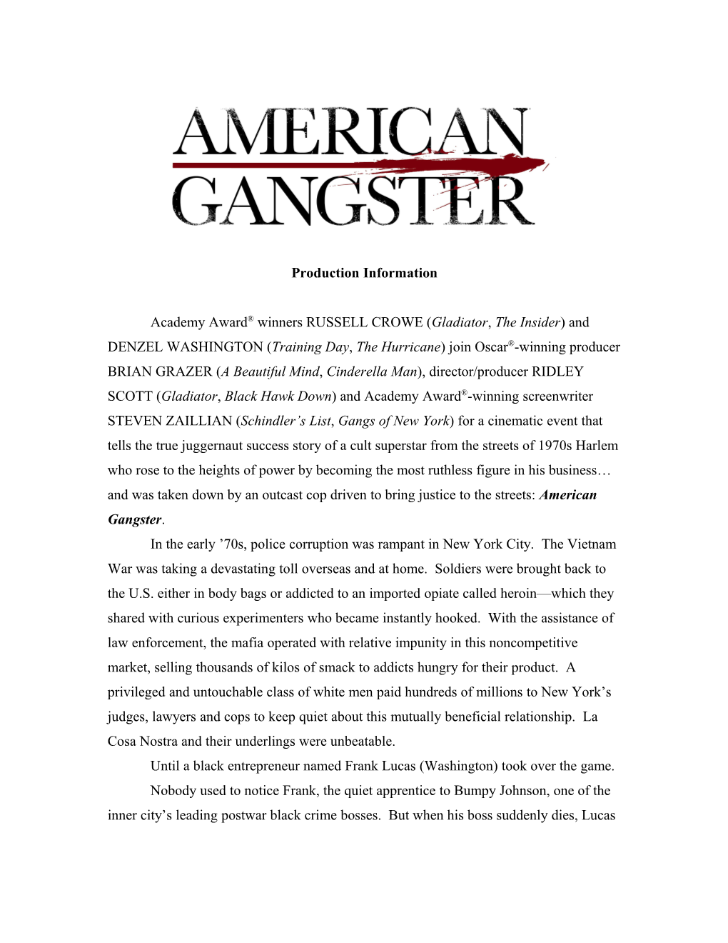 American Gangster Production Information