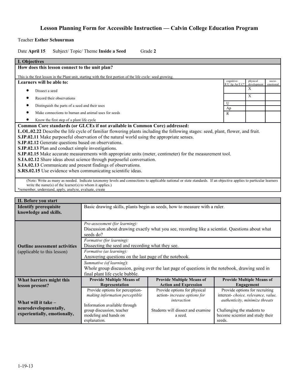 Lesson Planning Form for Accessible Instruction Calvin College Education Program