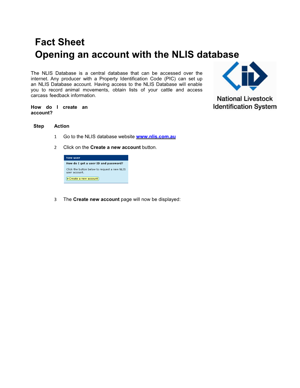 Fact Sheet Opening an Account with the NLIS Database