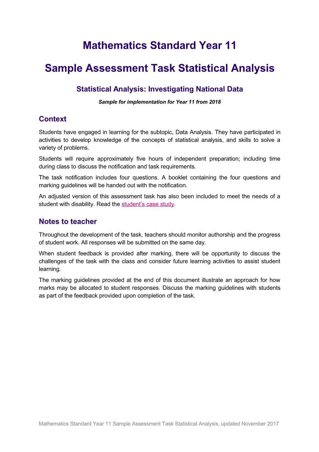 Mathematics Standard Year 11 Sample Assessment Task Statistical Analysis