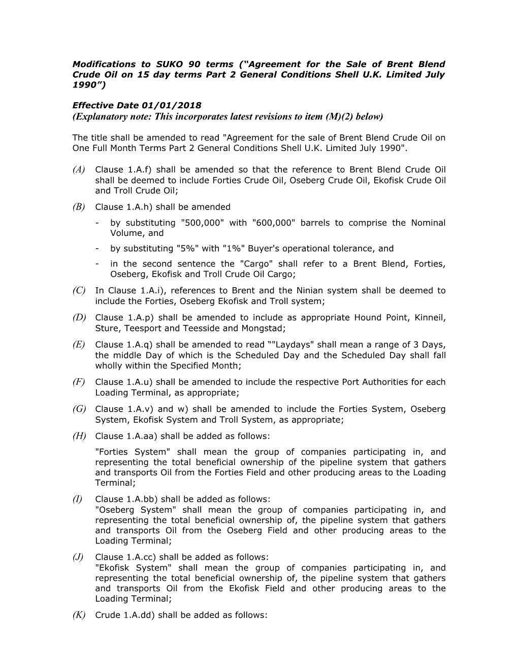 Modifications to SUKO 90 Terms ( Agreement for the Sale of Brent Blend Crude Oil on 21