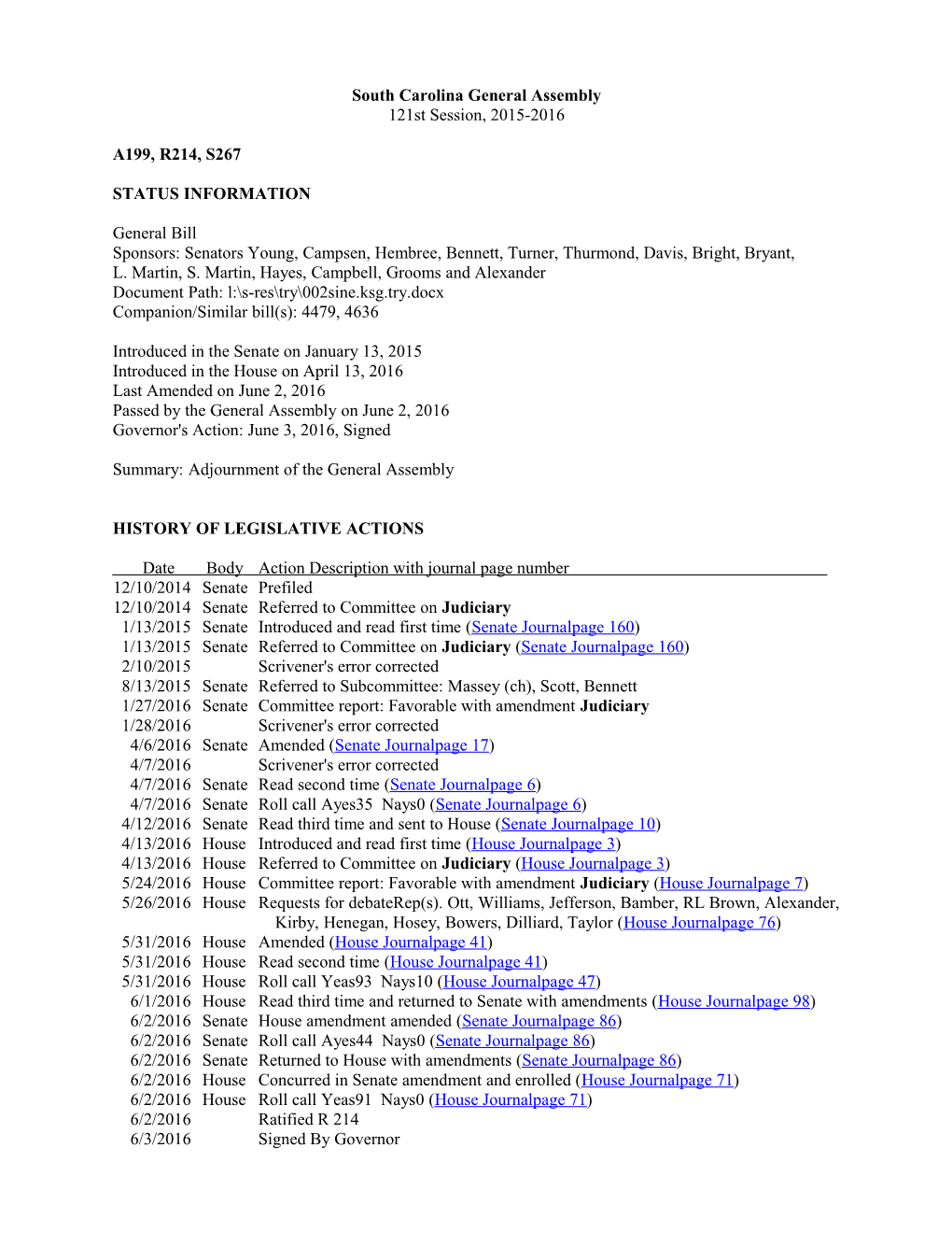 2015-2016 Bill 267: Adjournment of the General Assembly - South Carolina Legislature Online