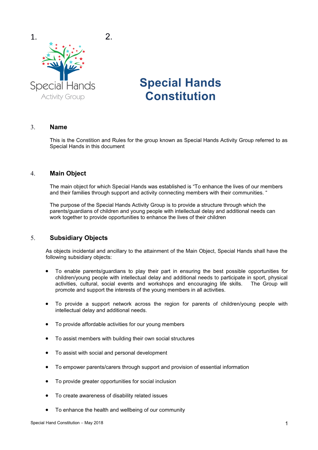 This Is the Constition and Rules for the Group Known As Special Hands Activity Group Referred