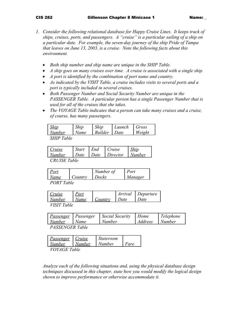 CIS 282Gillenson Chapter 8 Minicase 1Name