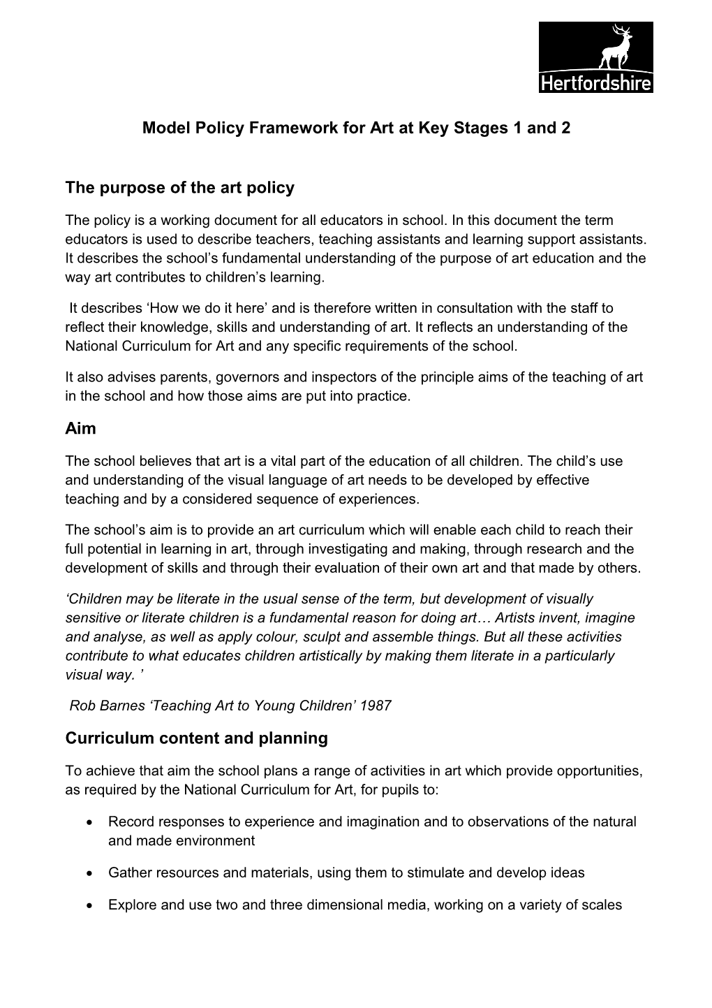 Model Policy Framework for Art at for Key Stages 1 and 2