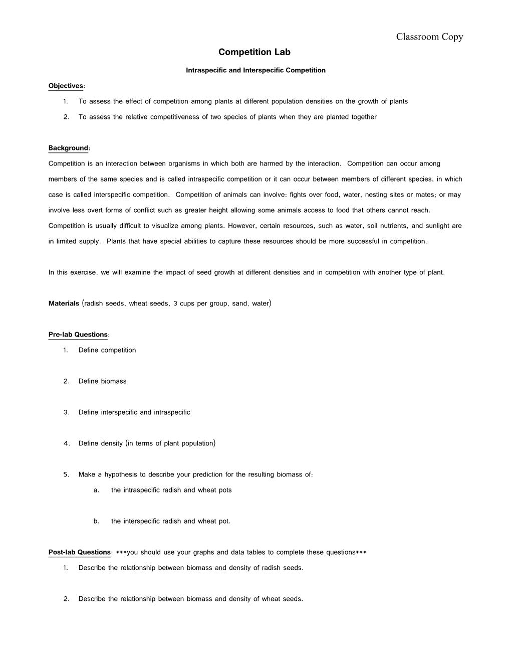 Intraspecific and Interspecific Competition