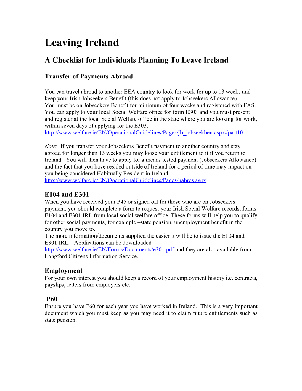 A Checklist for Individuals Planning to Leave Ireland