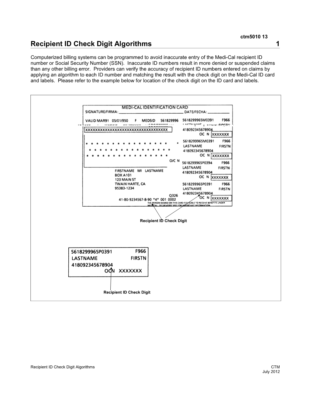 Recipient ID Check Digit Algorithms (Ctm5010 13)