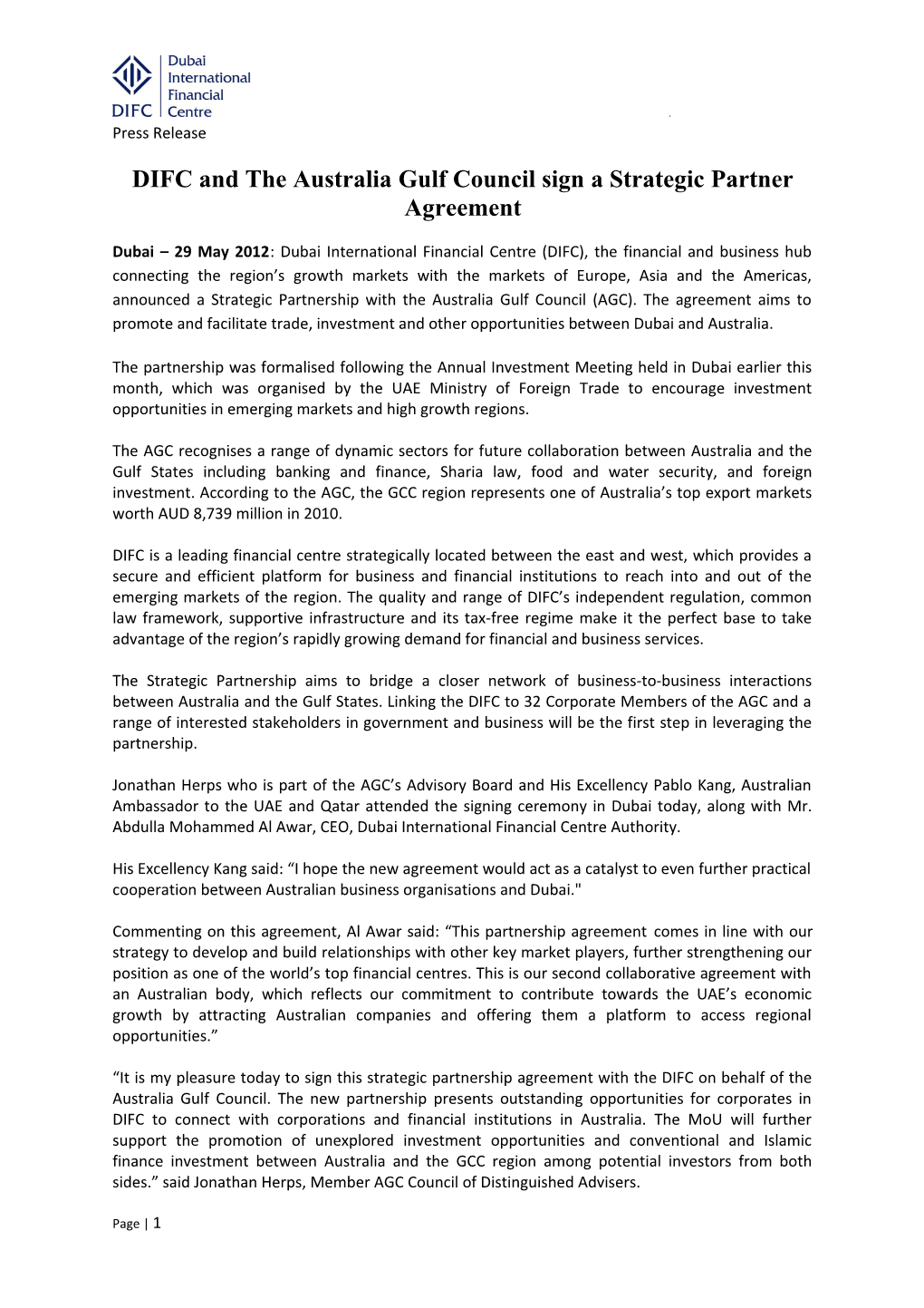 DIFC and the Australia Gulf Council Sign a Strategicpartneragreement