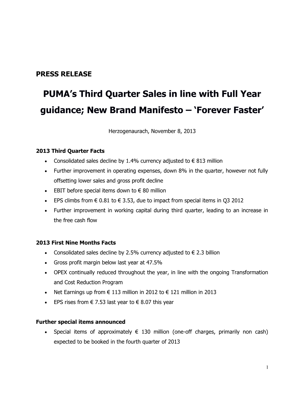 PUMA S Third Quarter Sales in Line with Full Year Guidance; New Brand Manifesto Forever Faster