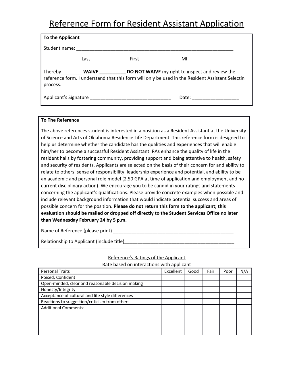 Reference Form for Resident Assistant Application