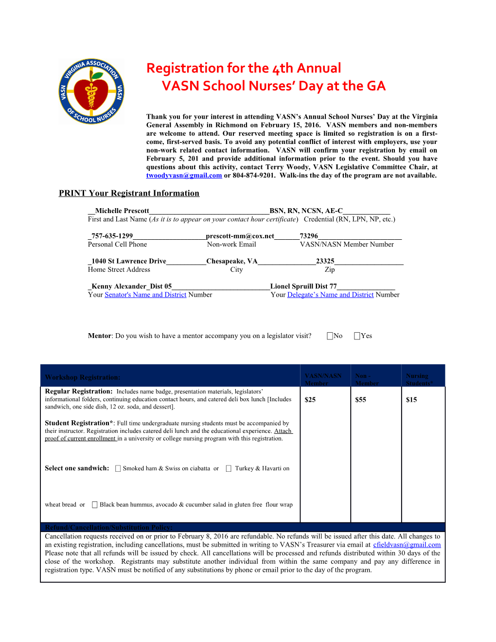 VASN Legislative Day Agenda and Registration Form