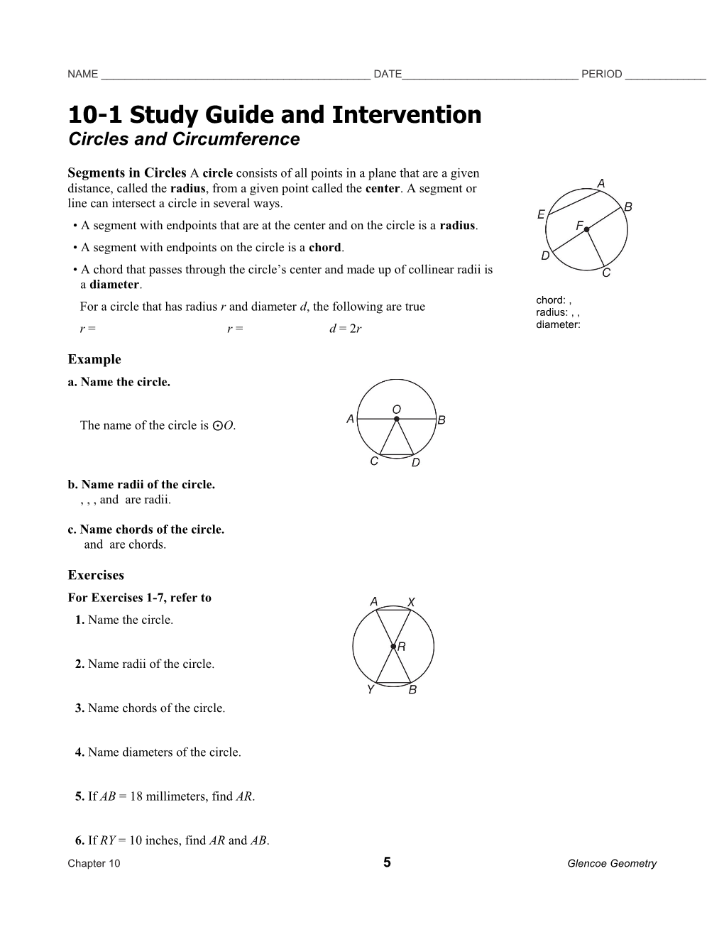 10-1 Study Guide and Intervention