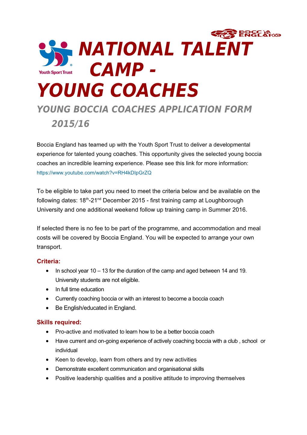 Young Boccia Coaches Application Form 2015/16